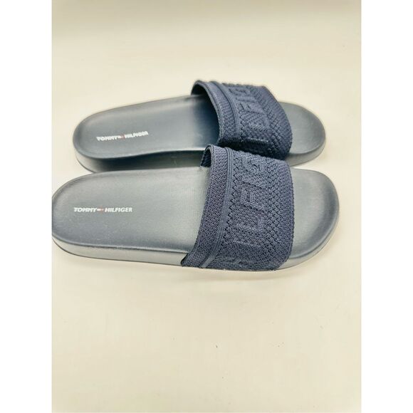 TOMMY HILFIGER Womens Navy Knit Logo Pool Slides Dollop Round Toe Slip On Slide - Picture 2 of 6